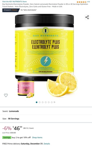 Key Nutrients - Electrolyte Plus Powder - Zero Calorie Lemonade Flavor, Gluten Free