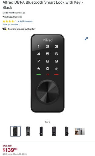 Alfred DB1-A Bluetooth Smart Lock with Key - Black