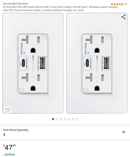 Bestten 24W PD 3.0 & Quick Charge 3.0 USB Wall Outlet w/ Screwless Wall Plates