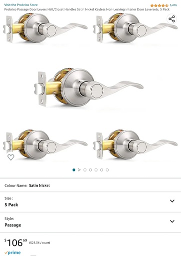 Probrico Passage Door Levers - Satin Nickel - Keyless - 5 Pack