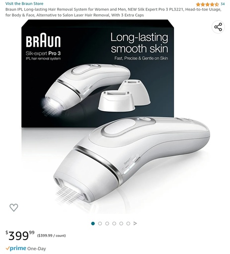 Braun Pro 3 IPL Long Lasting Hair Removal System w/ 3 Extra Caps