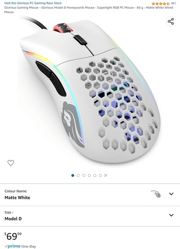 Glorious Gaming Mouse - Model D Honeycomb - 68g Matte White Wired Mouse