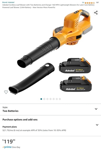 Adedad Cordless Leaf Blower with 2 Batteries & Charger