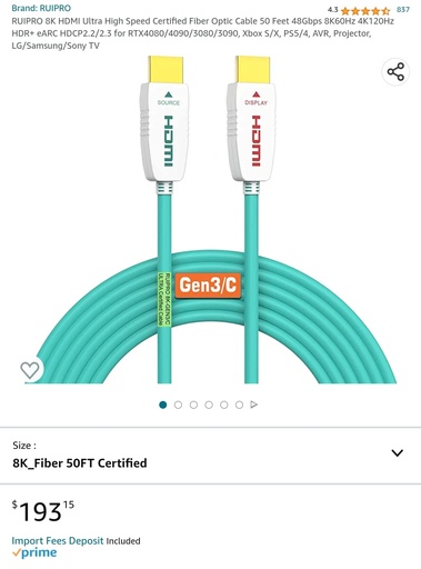 RUIPRO 8K HDMI Ultra High Speed Certified Fiber Optic Cable - 50FT