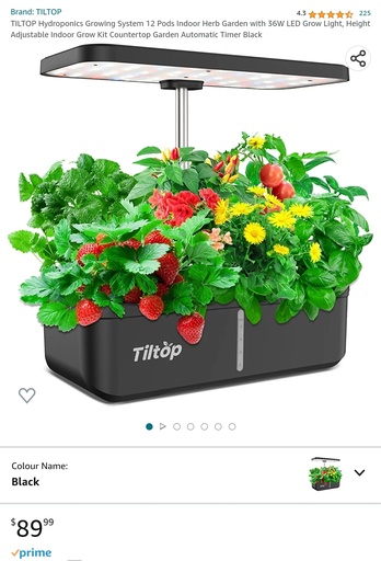 Tiltop Hydroponics Growing System - 12 Pods w/ 36W LED Grow Light - Height Adjustable, Timer, Black