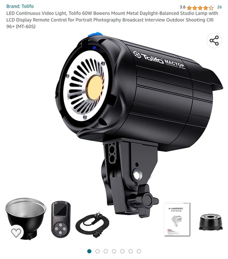 Tolifo - Continuous LED Video Light - 60W Bowen Mount - Studio Lamp w/ LCD Display & Remote Control