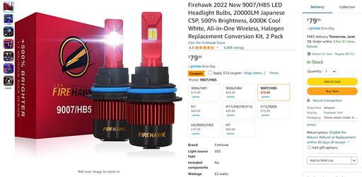 Firehawk - 9007/HB4 LED Bulbs - 20,000LM, 6000K Cool White - 2 Pack