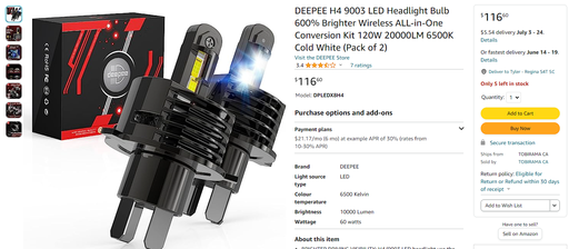 DEEPEE H4 9003 LED Headlight Bulb 600% Brighter Wireless ALL-in-One Conversion Kit 120W 20000LM 6500K Cold White (Pack of 2)